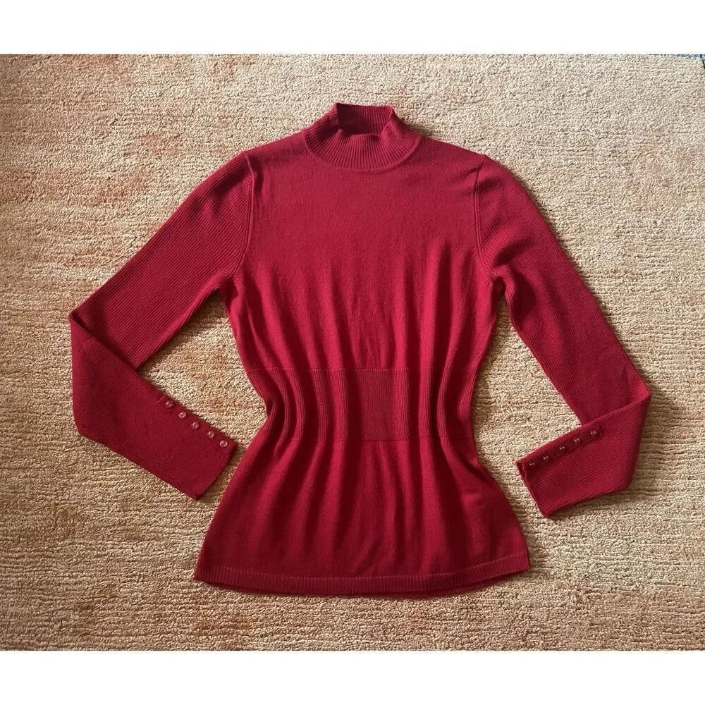 Women’s FWM 100% merino wool red mock neck sweater L fitted ribbed cuffs UK